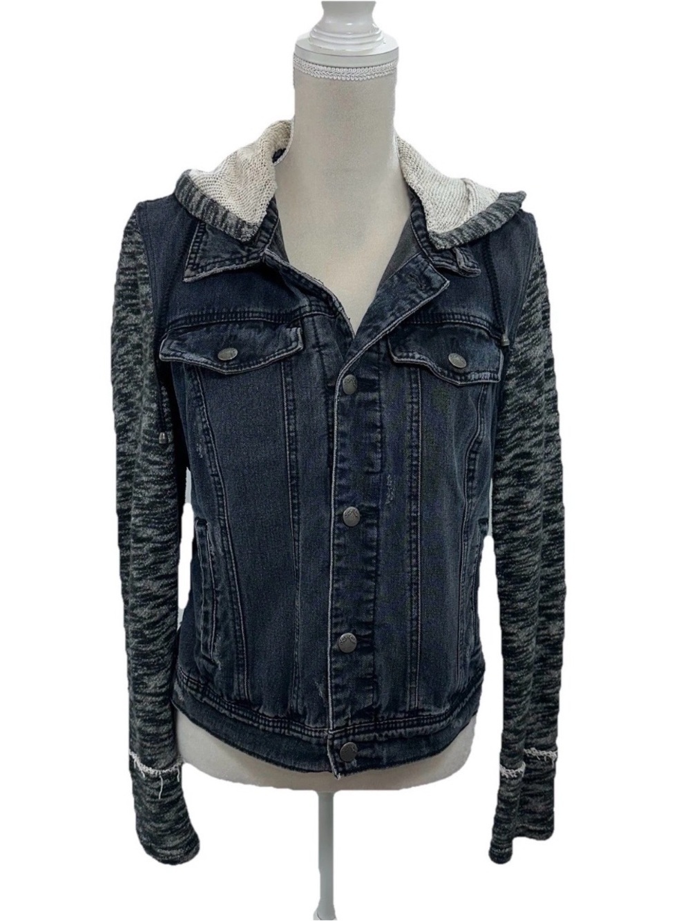 Women's Dark Grey Hooded Denim Jacket with Knit Sleeves